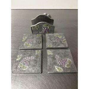 A. Richesco Corporation Metal Handpainted Raised Flower/Fruit Art Coaster Set
